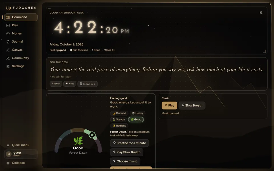 Fudoshen’s Command screen with a clock, a daily quote, a mood check-in and music