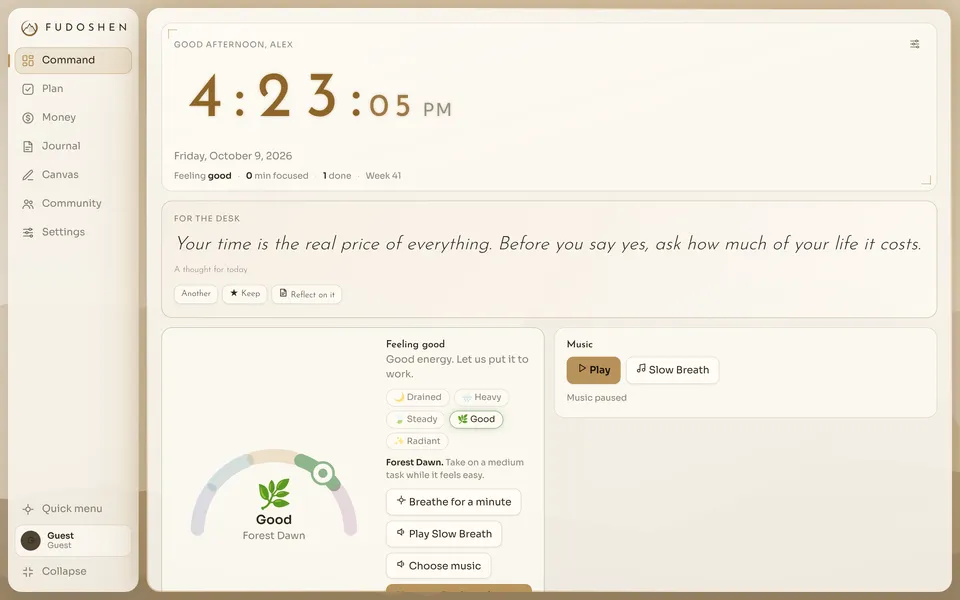 Fudoshen’s Command screen with a clock, a daily quote, a mood check-in and music