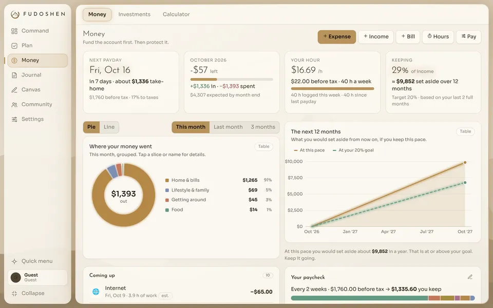 The Money page with next payday, monthly spending by category and a 12-month savings view