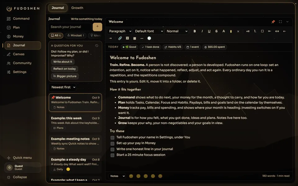 The Journal with a rich-text entry, a list of past entries and a question to reflect on