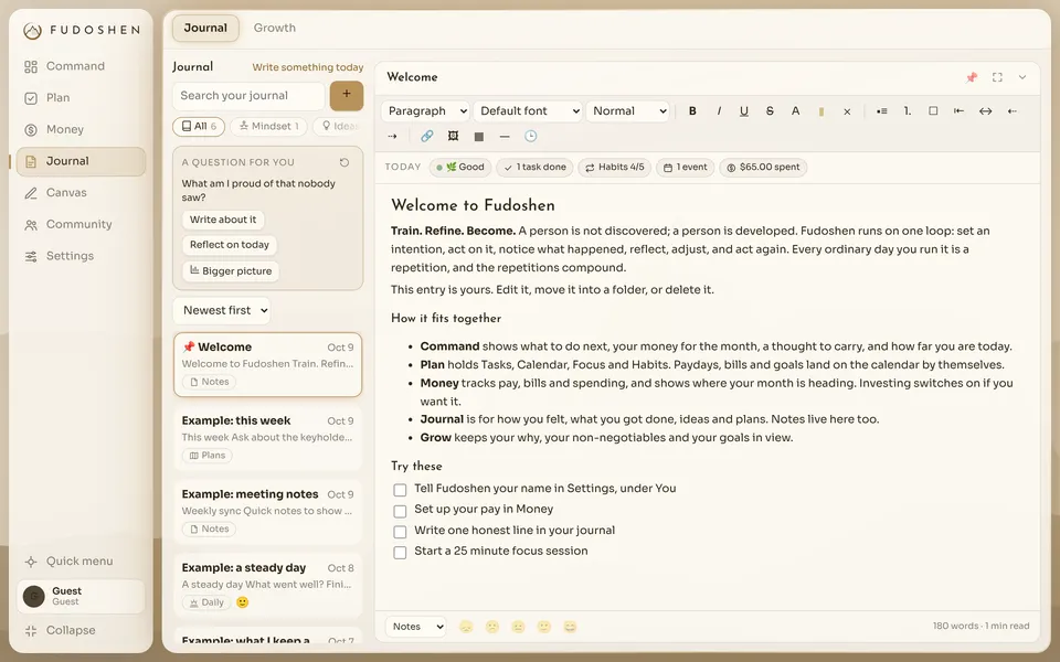 The Journal with a rich-text entry, a list of past entries and a question to reflect on