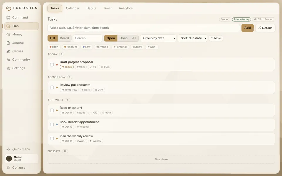 The Tasks list grouped by Today, Tomorrow and This week, with priorities, tags and time estimates